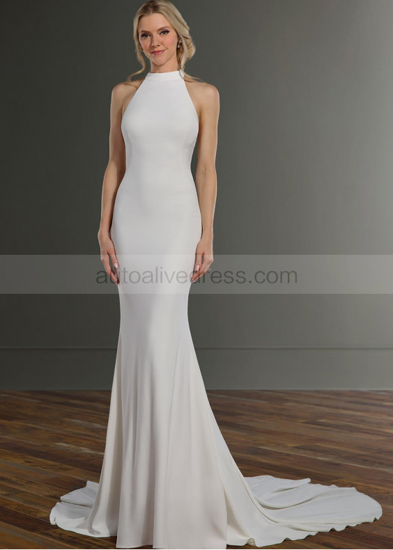 Halter Ivory Chiffon Satin Floor Length Wedding Dress
